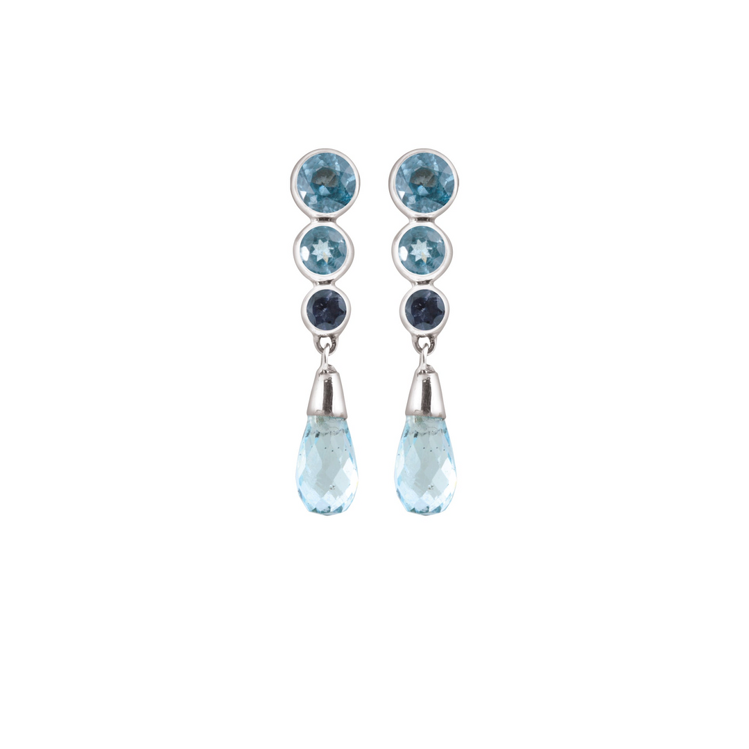 Sterling Silver Graduated Round Earring With Blue Topaz Drop
