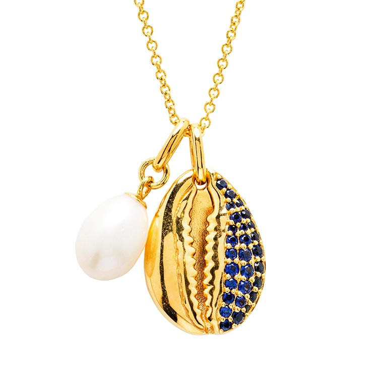 Ocean - Sterling Silver - Gold Vermeil Cowrie Pearl & Lab Grown Sapphire 18" Dangle Shell Necklace