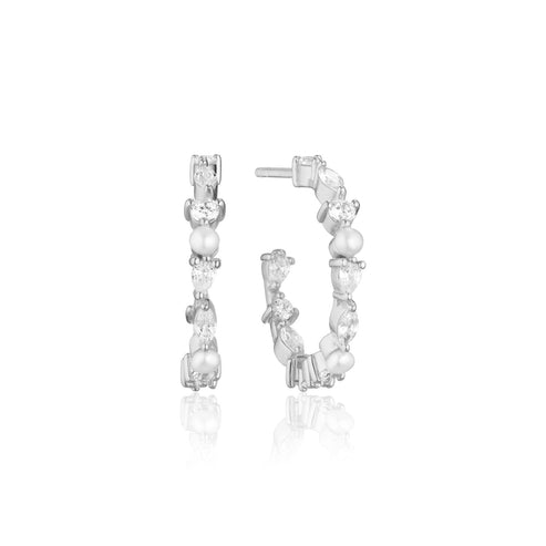 Sif Jakobs - Sterling Silver - "Adria Creolo Medio" Pearl & White Cubic Zirconia Hoop Earrings