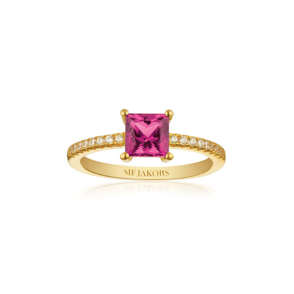 Sif Jakobs - Sterling Silver - 18K Gold Plated "Ellera Quadrato" Pink Cubic Zirconia Princess Ring (Size 5.5 / 52)