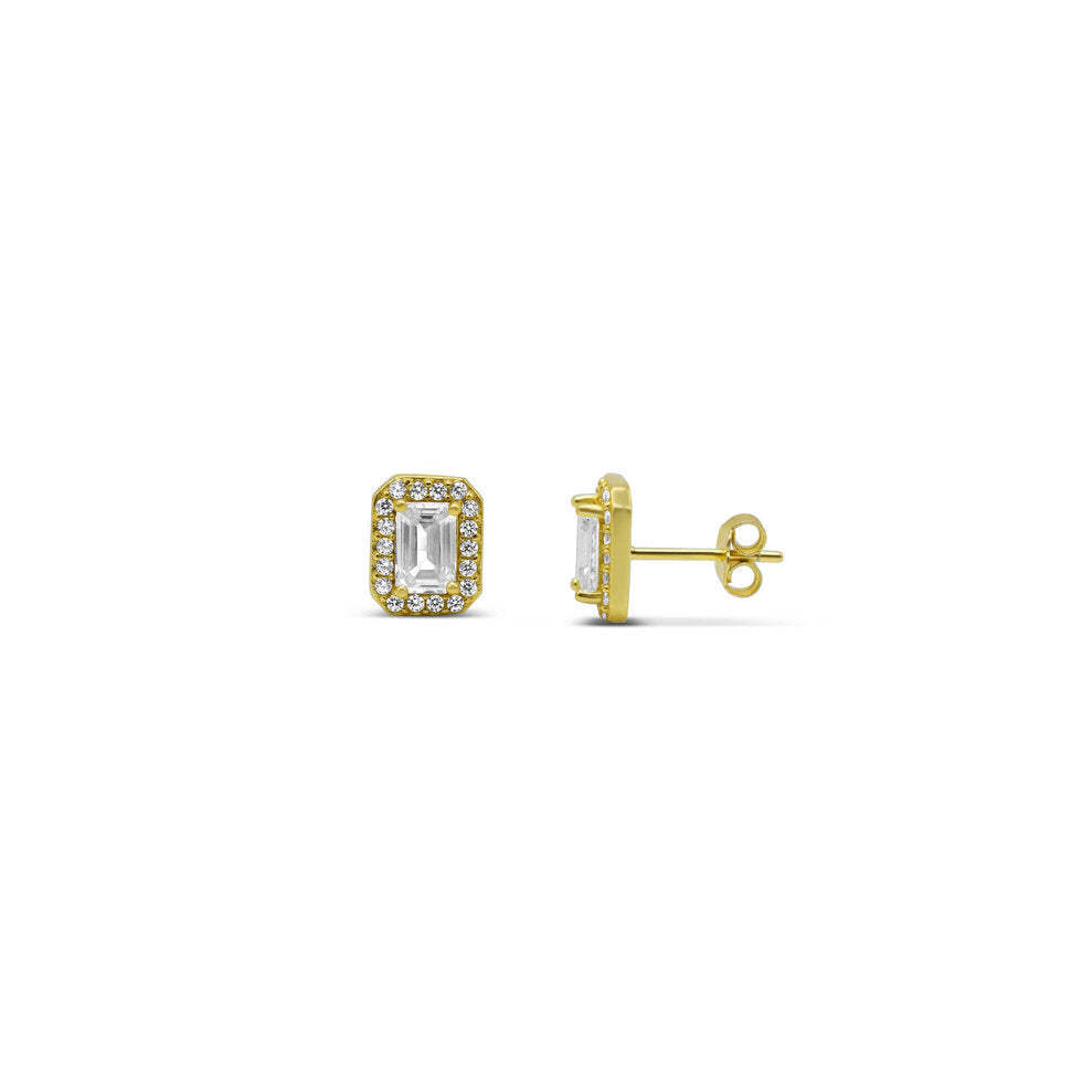 Stia Sterling Silver - 14K Gold Plated Halo Cubic Zirconia Baguette Stud Earrings