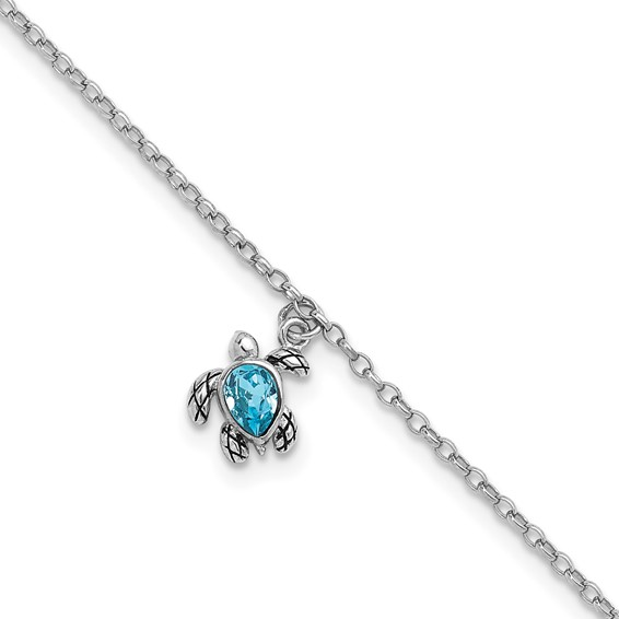 Sterling Silver Crystal 9+1" Dangle Turtle Anklet