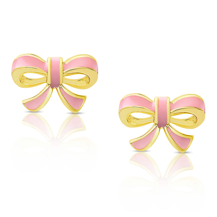 Lily Nily - Brass - 18K Gold Plated Pink Enamel Bow Stud Earrings