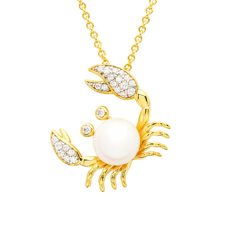 Ocean - Sterling Silver - Gold Vermeil Pearl & Cubic Zirconia 18" Crab Necklace