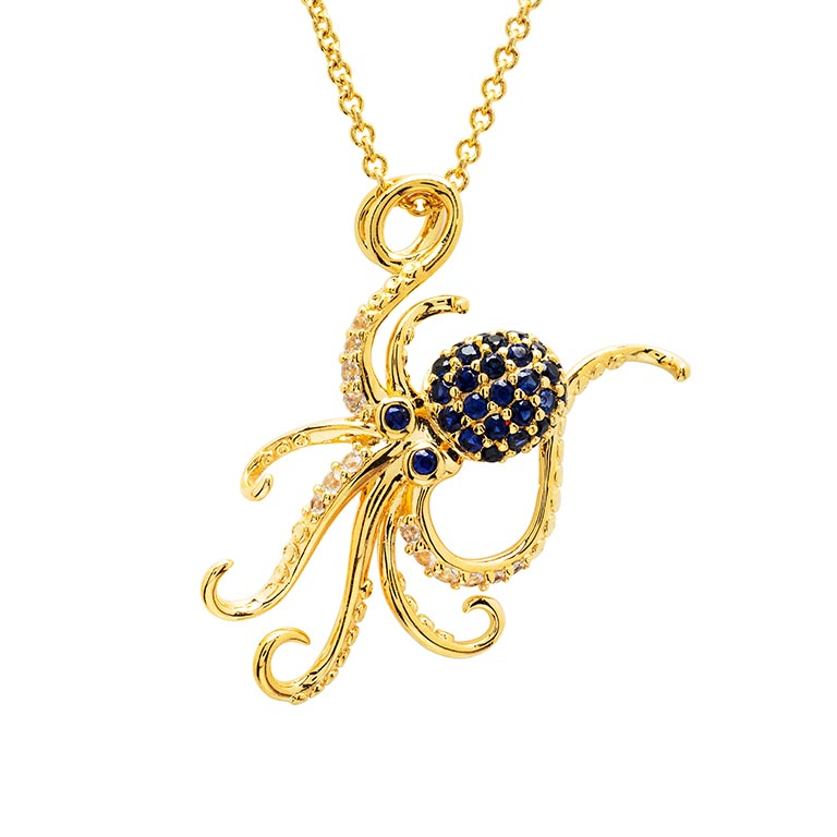 Ocean - Sterling Silver - Gold Vermeil Octopus Lab Grown Sapphire 18" Dangle Sea Life Necklace