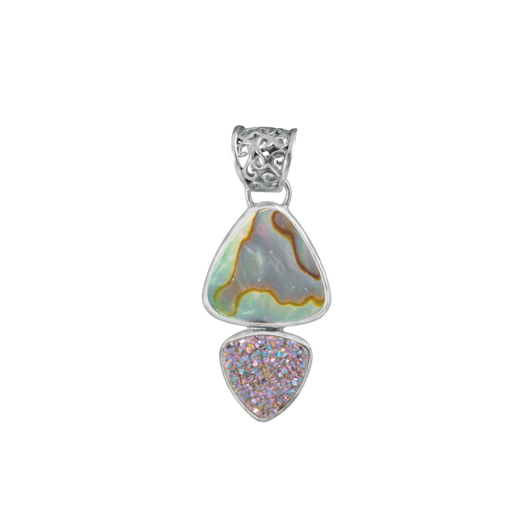 Sterling Silver Pendant With Paua Triangle, Druzy Rainbow Tri Angle
