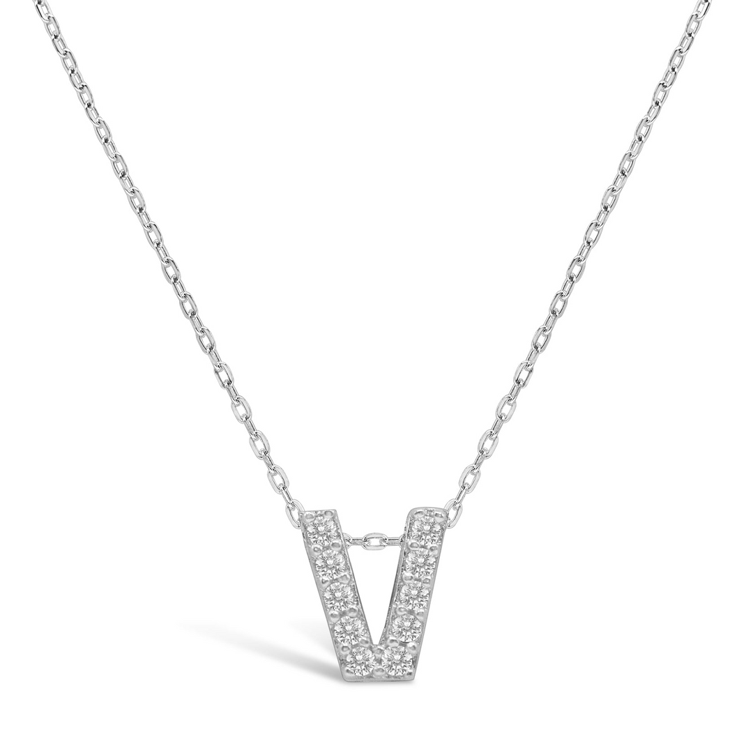 Stia Sterling Silver - Silver Pave Initial V Cubic Zirconia 15-17" Necklace