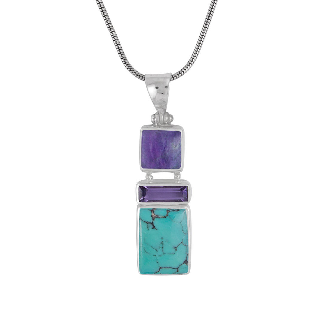 Sterling Silver Pendant With Sugilate Square, Amethyst Rectangle Facet, Rurqouise Rectangle