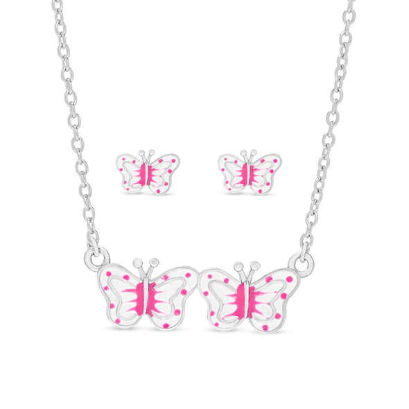 Lily Nily - Brass - Silver -Pink-Double- Enamel Butterfly Necklace/Earring Set 14-116"