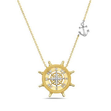 14k Yellow Gold .06ct. Natural Diamond Round 18" Ship Wheel Necklace