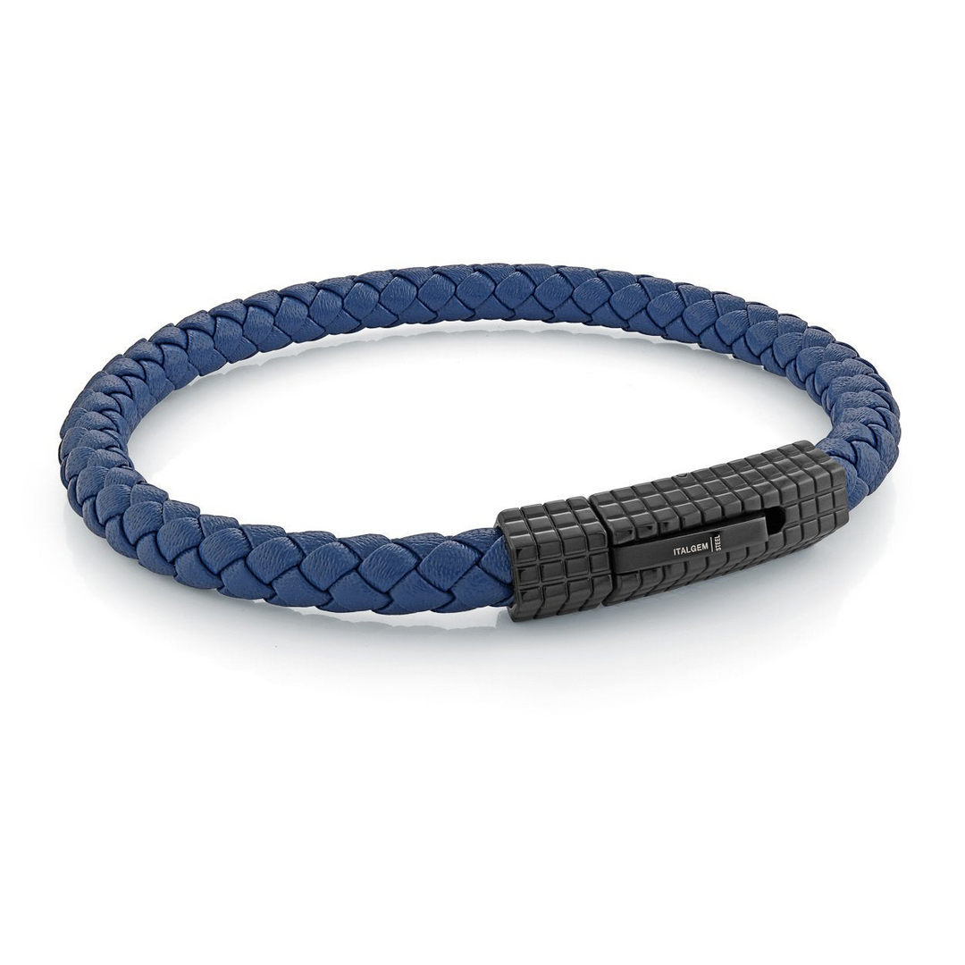 Blue IP S. Steel Octagon-Cage-Design Blue Leather Bracelet