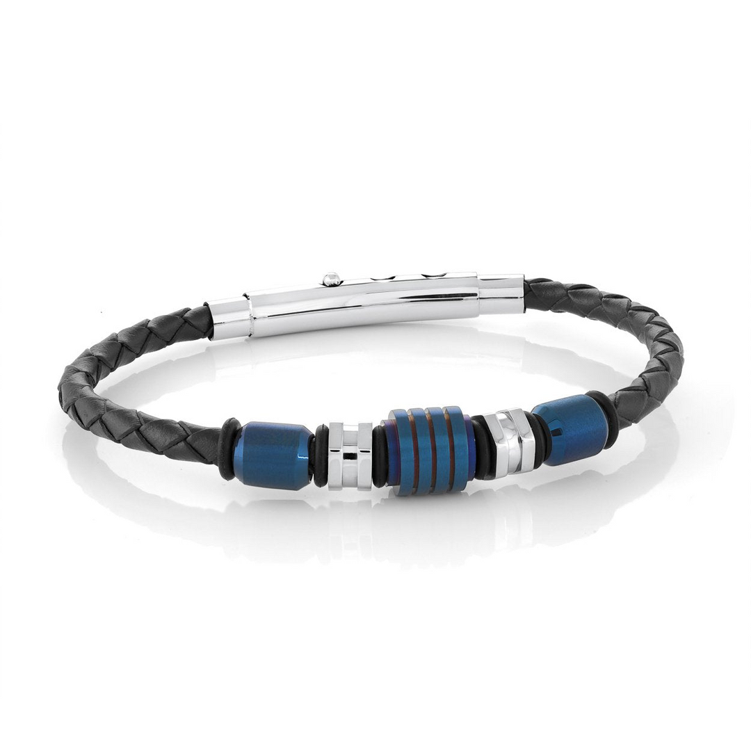 Blue IP S. Steel Mixed Beads Adj Blue Leather Bracelet