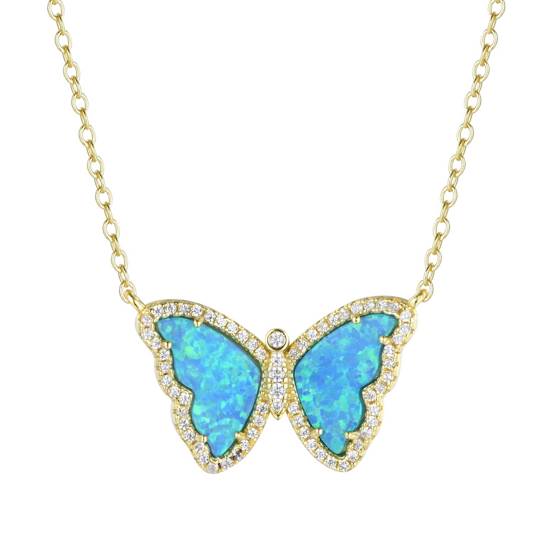 Kamaria - Sterling Silver - 14K Gold Plated - Blue Green Opal Crystal Butterfly Adjust. 18" Necklace