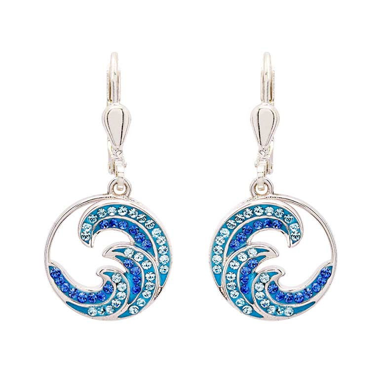 Sterling Silver Silver Crystal Round Dangle Wave Earrings
