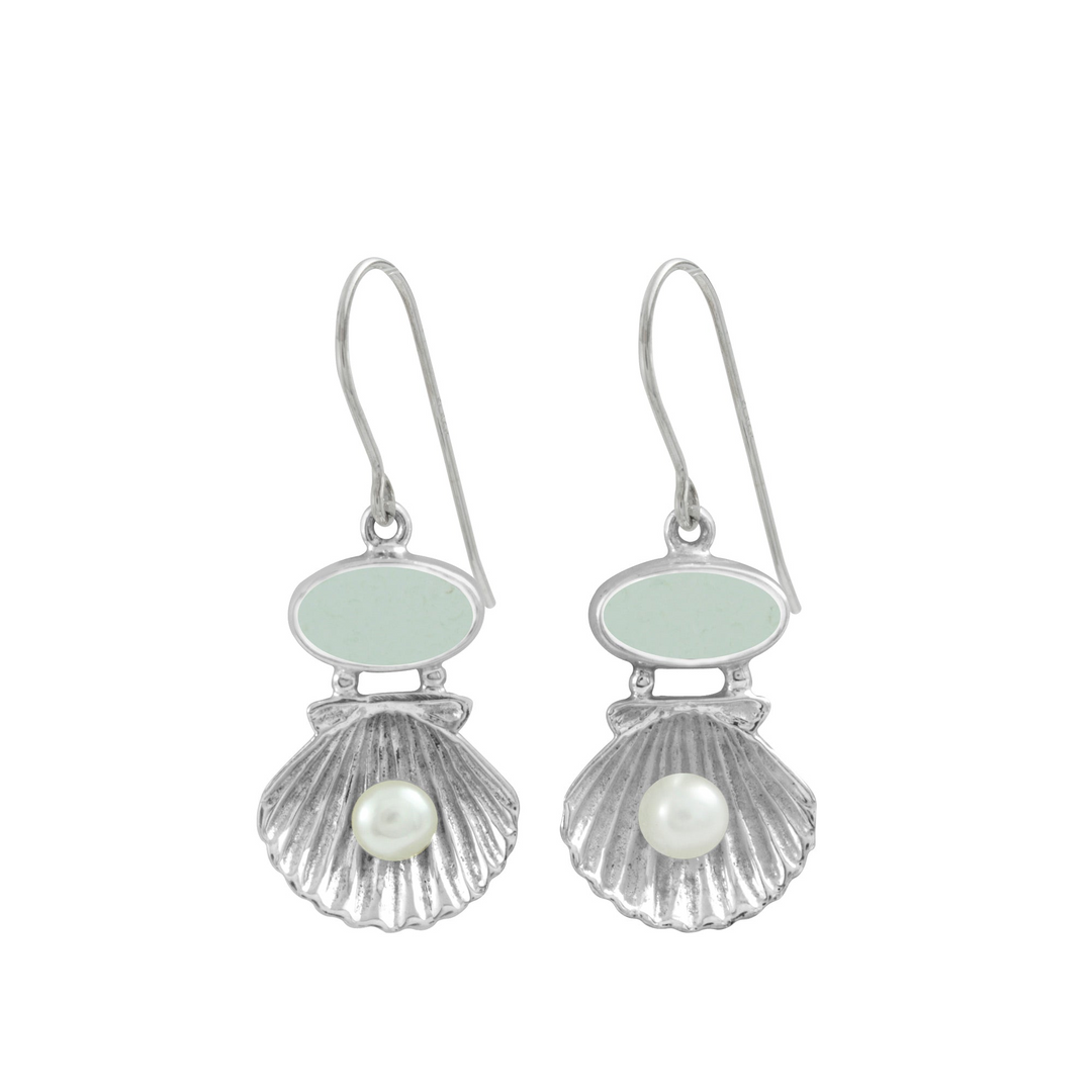Silver Sea Shell Earring With Sea Glass and Pearl Treasure