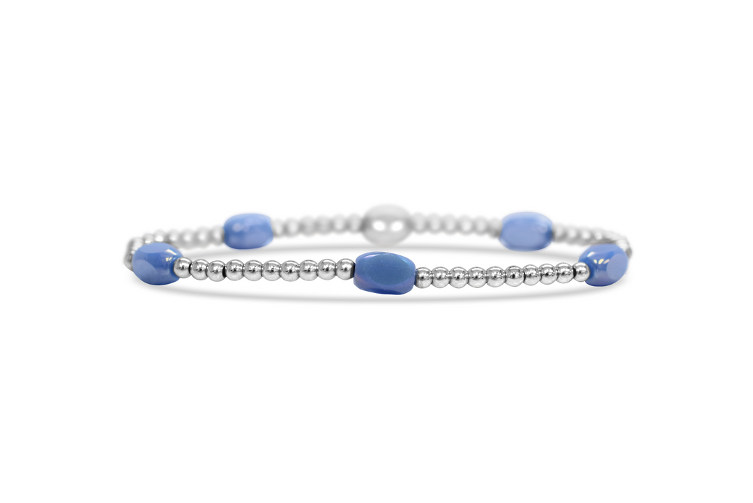 Isla - Stainless Steel - Silver -Periwinkle Water- Glass Beaded Stretch Bracelet