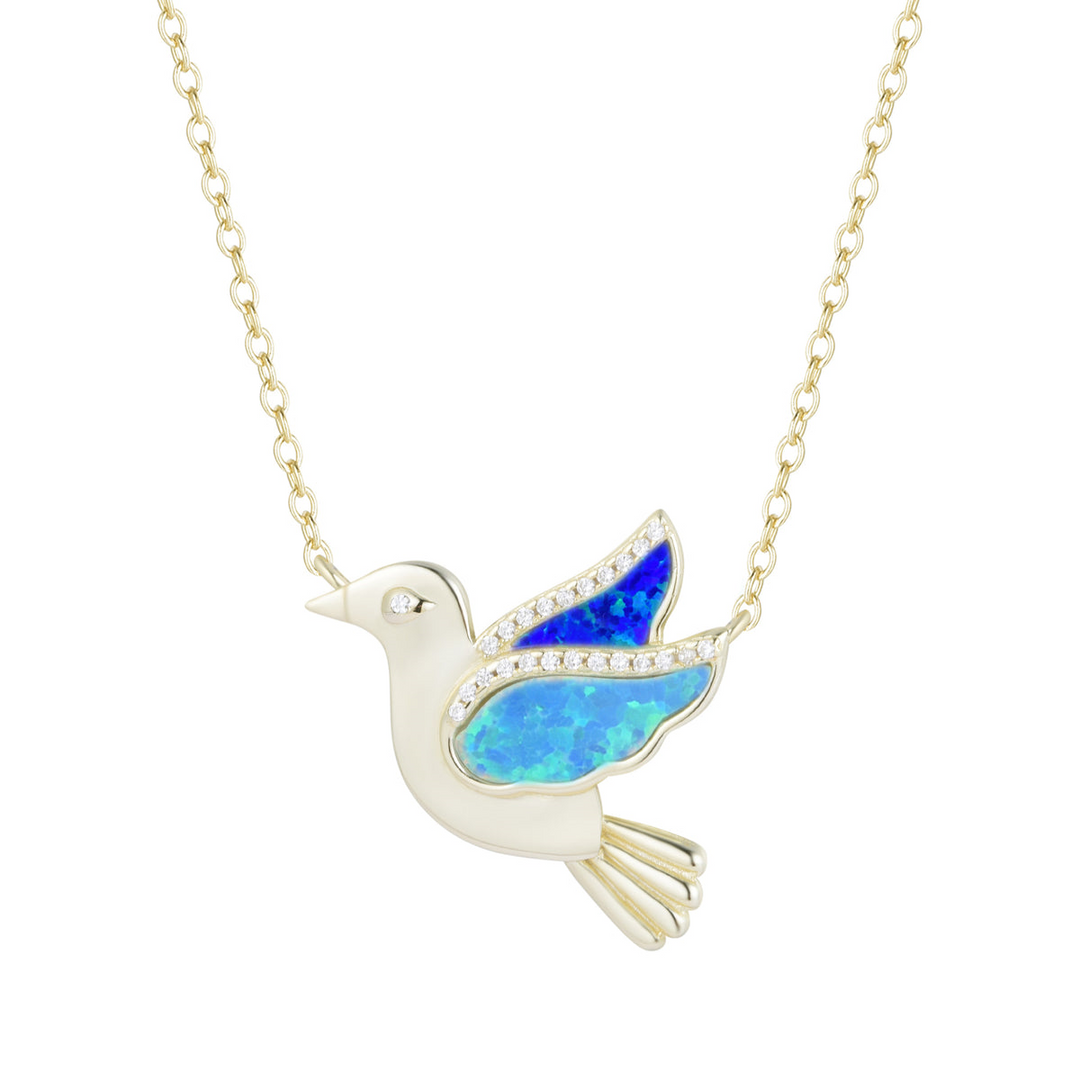 Kamaria - Sterling Silver - 14K Gold Plated Blue/Indigo Opal Crystal Adjust. 18" Dove Necklace
