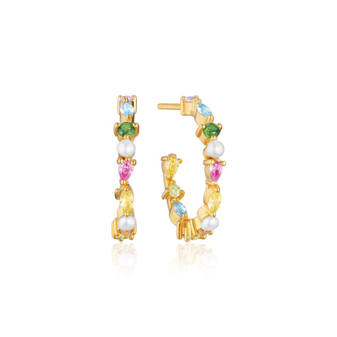 Sif Jakobs - Sterling Silver - 18K Gold Plated "Adria Creolo Medio" Pearl & Multicolored Cubic Zirconia Hoop Earrings