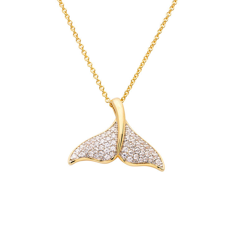 Ocean - Sterling Silver - Gold Vermeil Cubic Zirconia 18" Dangle Whale Tail Necklace