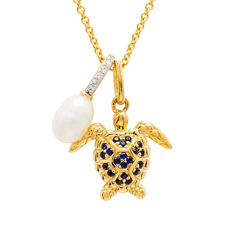 Ocean - Sterling Silver - Gold Vermeil Pearl & Lab Grown Sapphire 18" Dangle Turtle Necklace