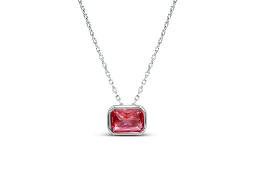 Stia Sterling Silver - Silver CZ Pink Tourmaline Baguette 15-17" Necklace