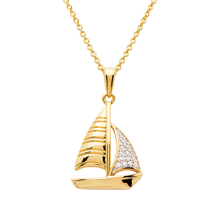 Ocean - Sterling Silver - Gold Vermeil Cubic Zirconia 18" Sail Boat Necklace
