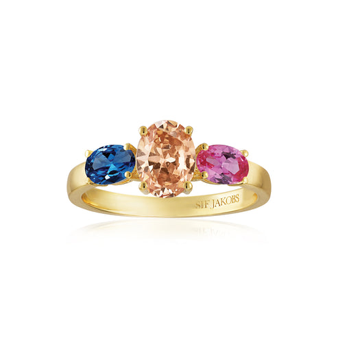 Sif Jakobs - Sterling Silver - 18K Gold Plated "Ellisse Tre" Multicolored Cubic Zirconia Ring (Size 5.5 - 52)