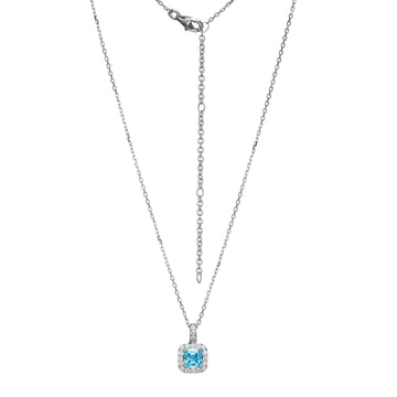 Elle - Sterling Silver - "Radiance" Blue & Clear Halo Cubic Zirconia Cushion (17"+3") Pendant