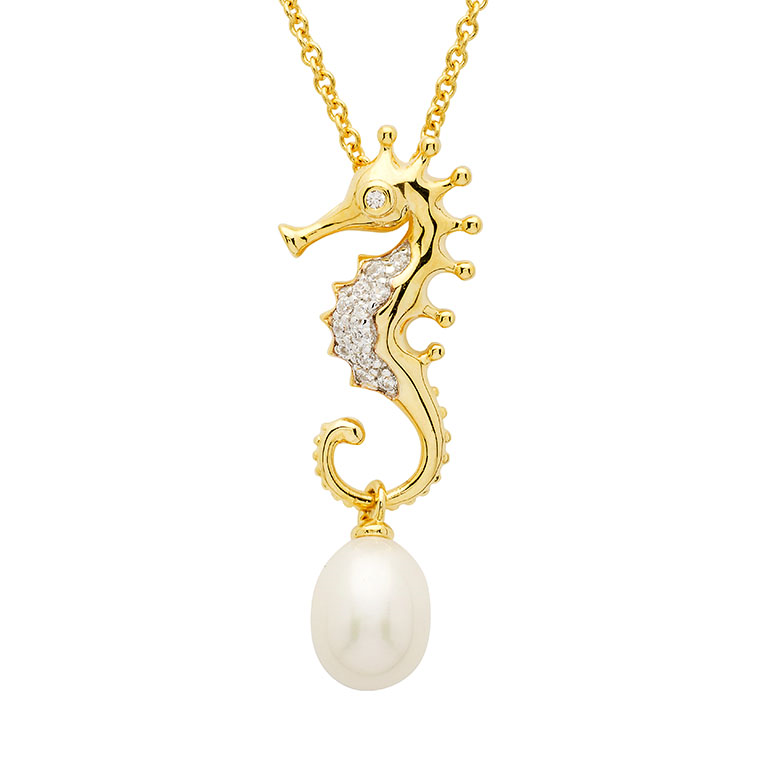 Ocean - Sterling Silver - Gold Vermeil Pearl & Cubic Zirconia 18" Sea Horse Necklace