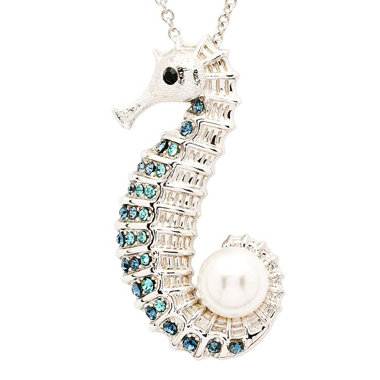 Ocean - Sterling Silver - Pearl & Crystal 18" Sea Horse Necklace