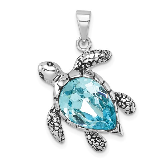 Sterling Silver Crystal Teardrop Turtle Pendant