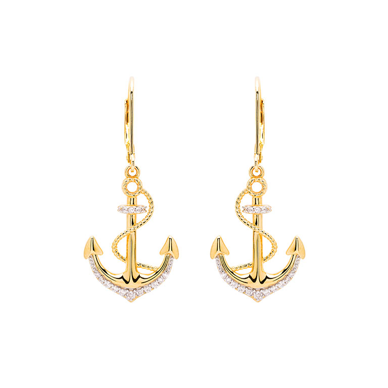 Ocean - Sterling Silver - Gold Vermeil Cubic Zirconia Dangle Anchor Earrings