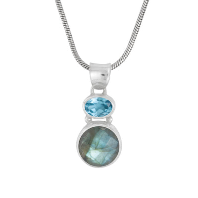 Sterling Silver Blue Topaz Round Facet Labradorite Oval Pendant