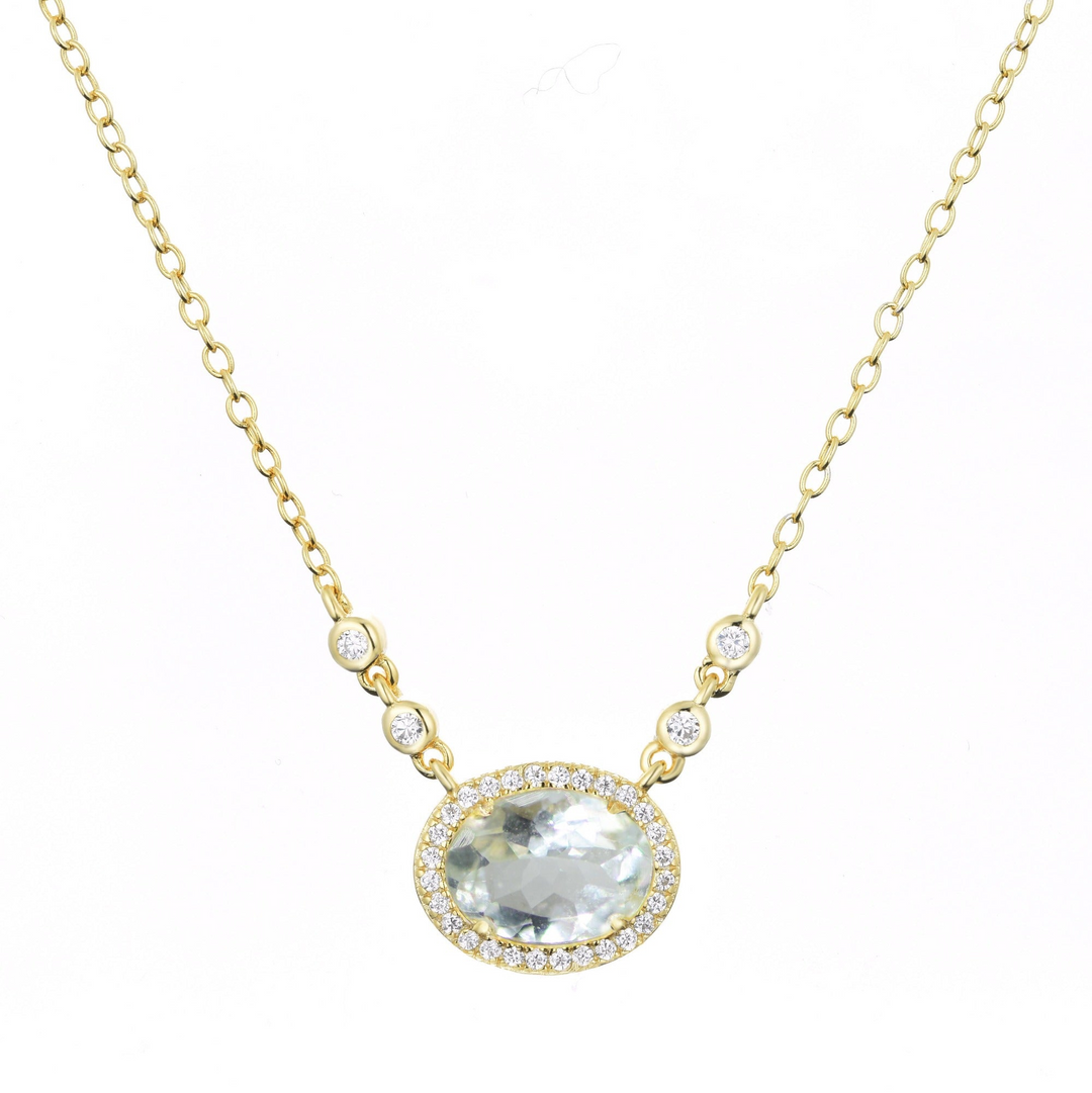 Kamaria - Sterling Silver - 14K Gold Plated - Aquamarine Crystal Oval Adjust. 18" Necklace