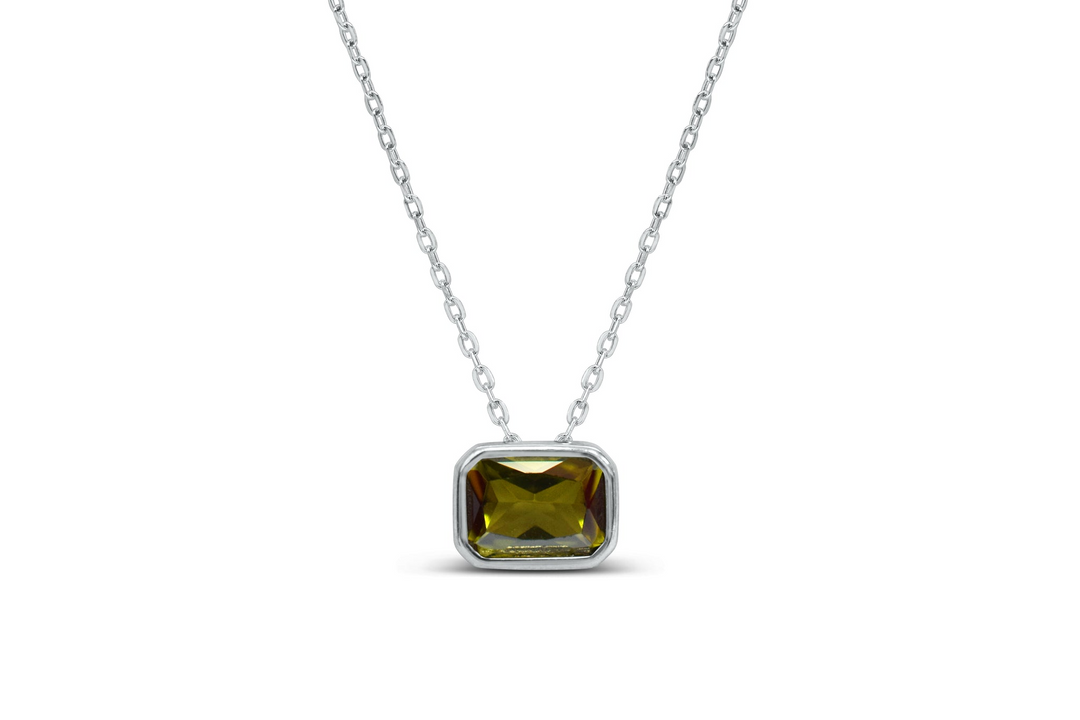 Stia Sterling Silver - Silver CZ Peridot Baguette 15-17" Necklace