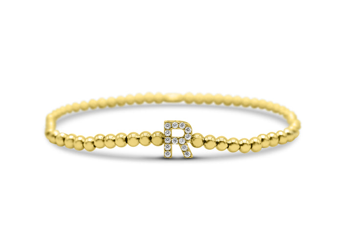 Stia - Sterling Silver - 14K Gold Plated Pave Initial R Cubic Zirconia Beaded Stretch Bracelet