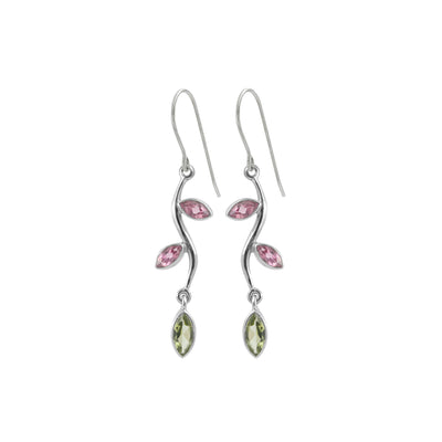 Sterling Silver Earring With Pink Tourmaline Marquoise Facet, Peridot Marquoise Facet