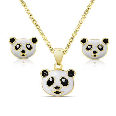 Lily Nily - Brass - 18K Gold Plated - Panda - Black & White Enamel Necklace/Earring Set 14-16"