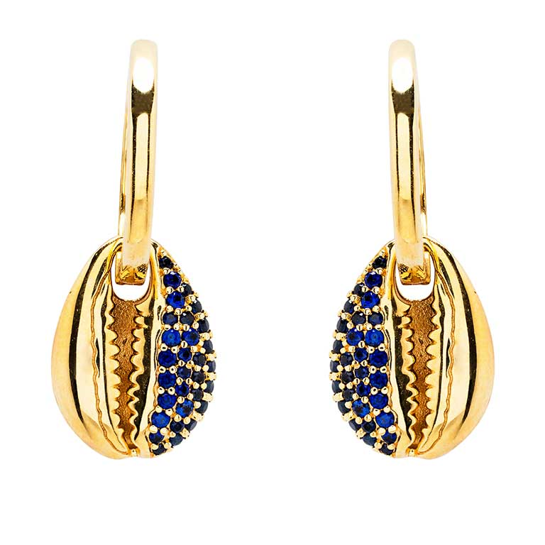 Ocean - Sterling Silver - Gold Vermeil Cowrie Lab Grown Sapphire Dangle Shell Earrings