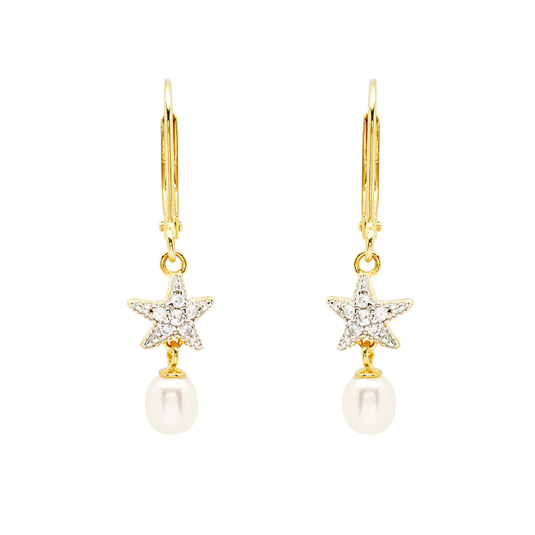 Ocean - Sterling Silver - Gold Vermeil Pearl & Cubic Zirconia Dangle Starfish Earrings