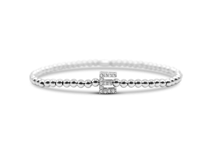 Stia - Sterling Silver - Silver Pave Initial E Cubic Zirconia Beaded Stretch Bracelet