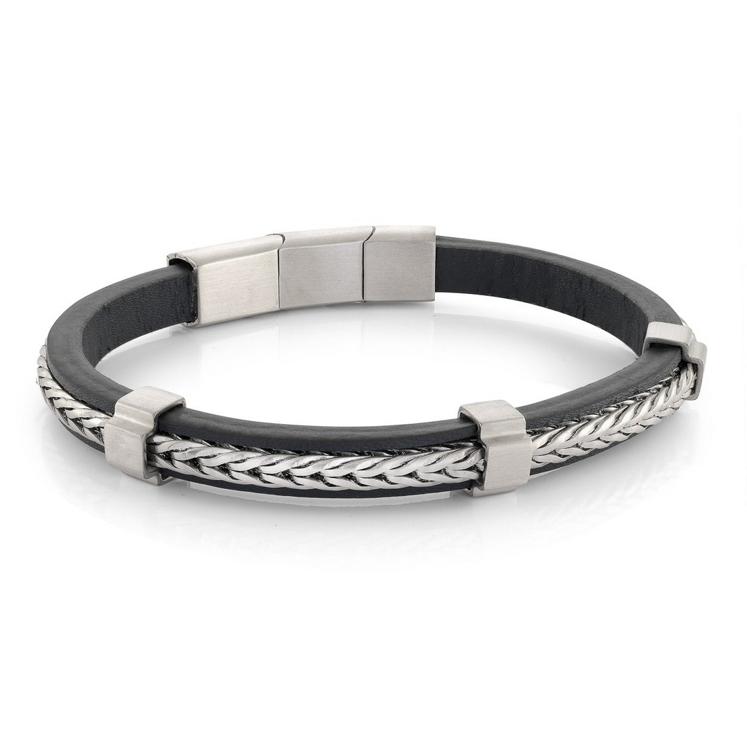 Italgem - S. Steel Centre Blue Leather Franko Link Bracelet