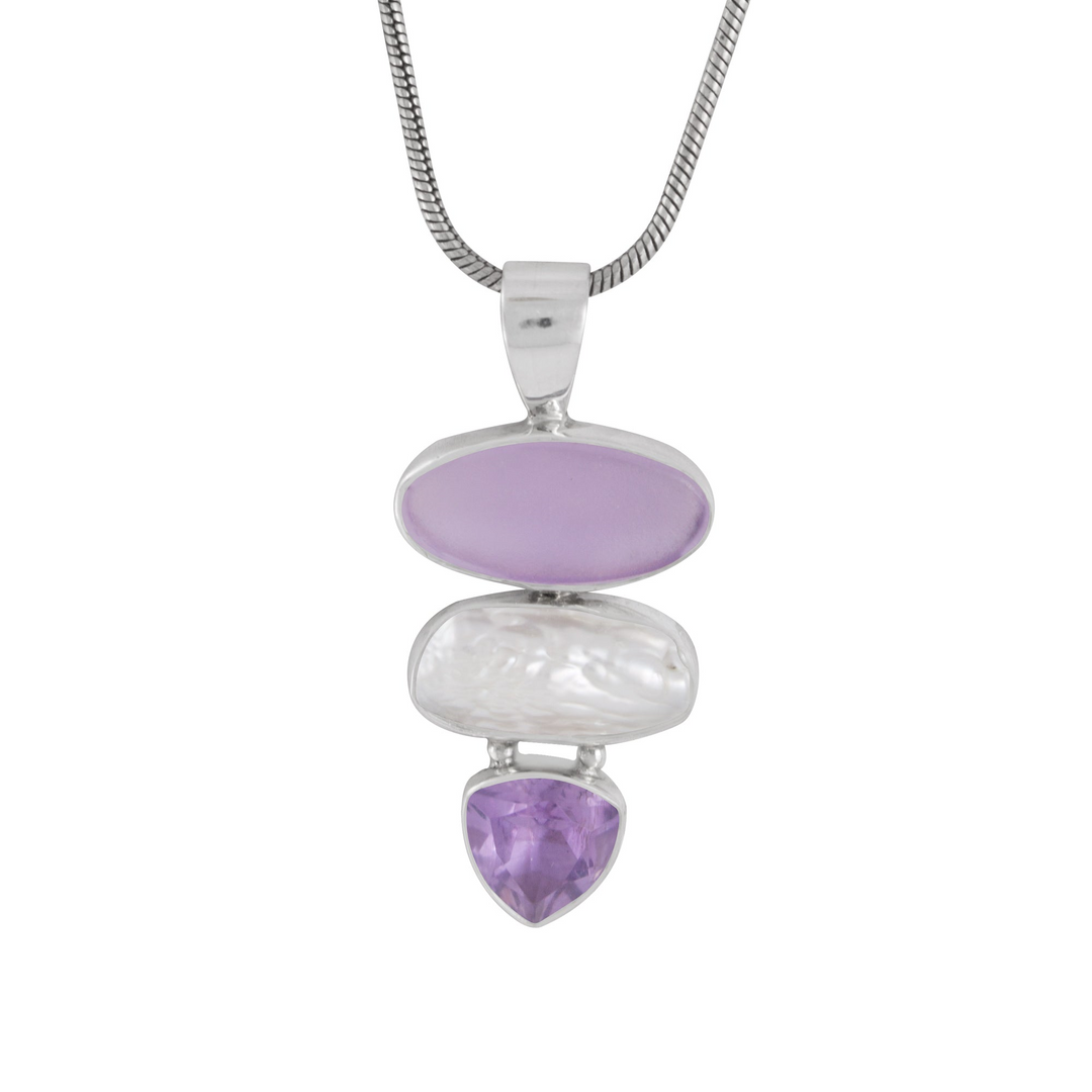 Sterling Silver Pendant With Lavender Sea Glass Pearl Biwa, Amethyst Triangle Facet