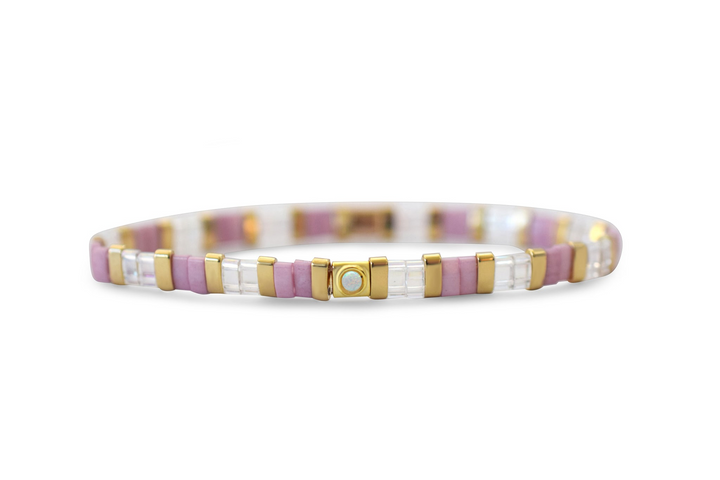 Skylar Paige Tila Bead Gold Morse Code Opal Stretch Bracelet
