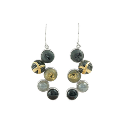Geometric Earring with Druze Onyx & Grey Moonstone