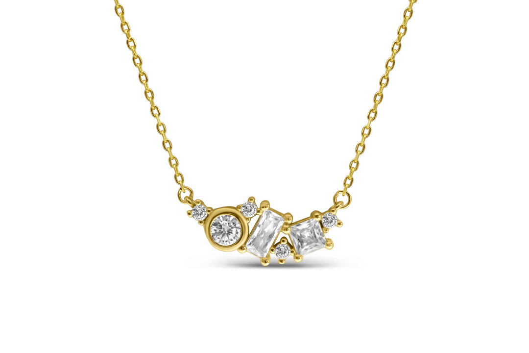 Stia Sterling Silver - 14K Gold Plated Bezel, Emerald Cut Cubic Zirconia Cluster 15-17" Necklace