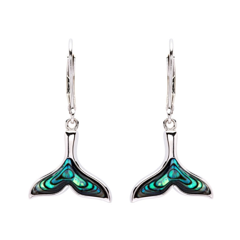 Ocean - Sterling Silver - Abalone Dangle Whale Tail Earrings