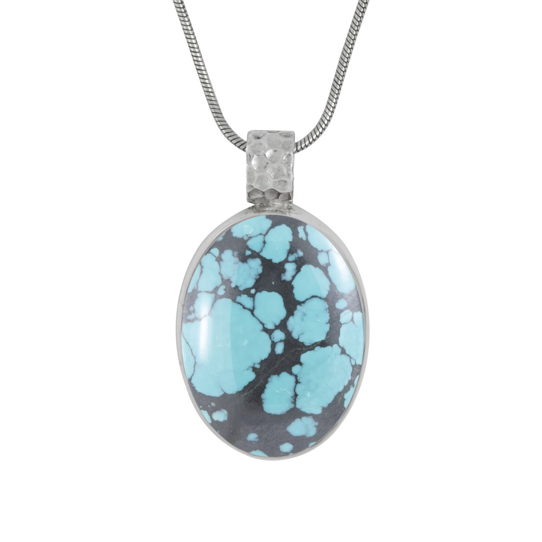 Silver Pendant With Turquoise Free Form Oval Large Stone