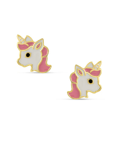 Lily Nily - Brass - 18K Gold Plated Pink Enamel Stud Unicorn Earrings