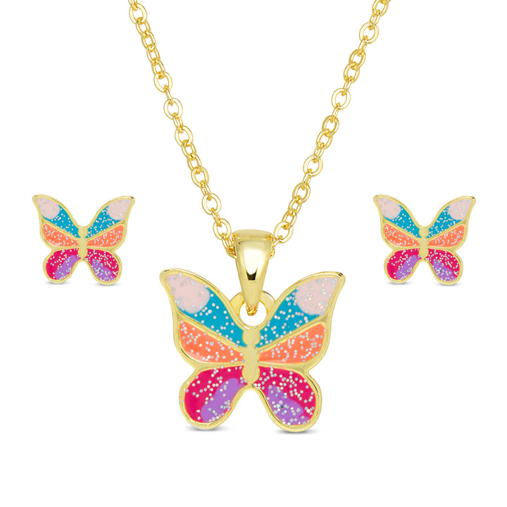 Lily Nily - Stainless Steel - 18K Gold Plated - Glitter Epoxy Multicolor 14-16" Butterfly Necklace/Earring Set